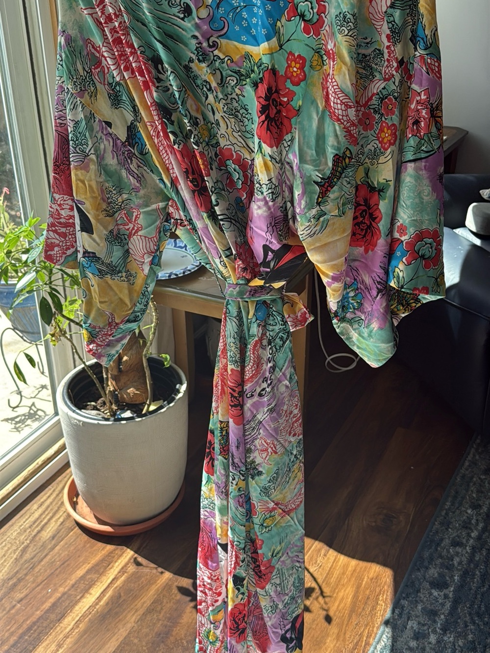 Natori Women’s XL Geisha Dragon Floral Kimono Robe Multicolor Belted
